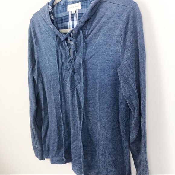 CLOTH & STONE | Navy Blue Lace Up Hooded Top XS - Picture 2 of 9